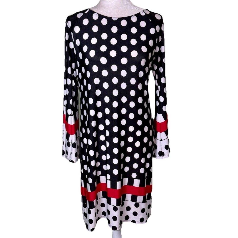 Women’s Mod Retro Polka Dot Graphic Print Shift Dress Colorblock Artsy Bold Sz M
